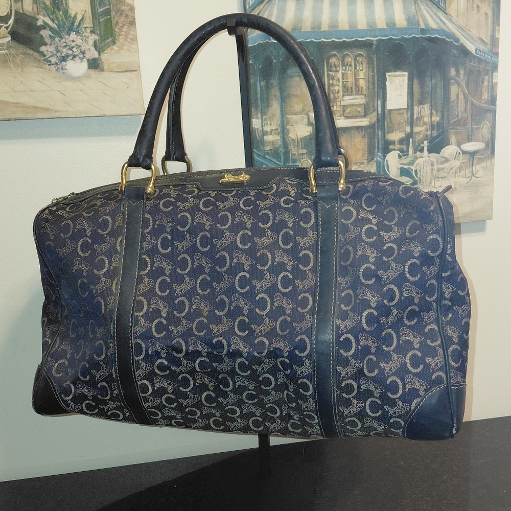Vtg Navy Blue Celine C Monogram Horse & Carriage Boston Doctor Travel Duffel Bag